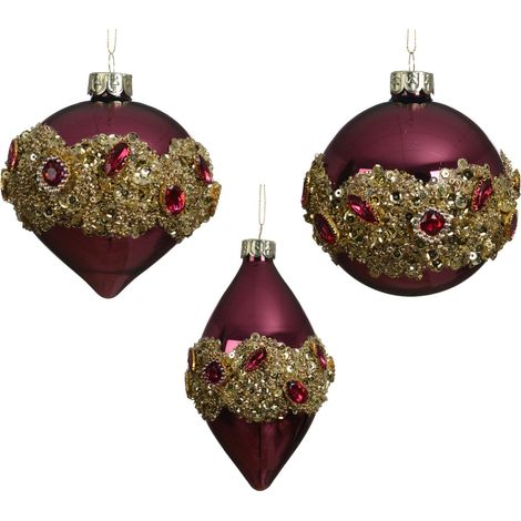 pallina di natale in vetro lucida con fascia di perline D 8 cm rosa scuro Peraga Christmas