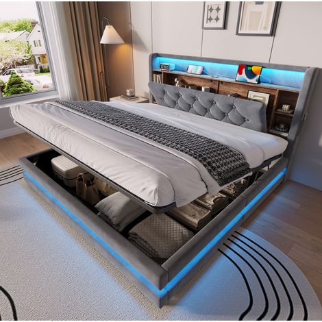 Lit coffre 160x200 cm velours gris foncé LED USB, rangement chambre, sans matelas – MEUBLIV (1/5)