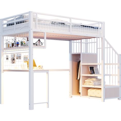 Hochbett Einzelbett mit Schreibtisch, Licht, Steckdose und Stauraumtreppe 90 × 200 cm, ohne Matratze (1/5)