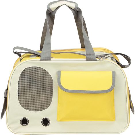 Sac de transport portable jaune pour animaux de compagnie, en tissu Oxford, modèle ventilé pour chiens et chats jusqu'à 10 kg, adapté au camping, à la randonnée et aux vacances. (1/5)