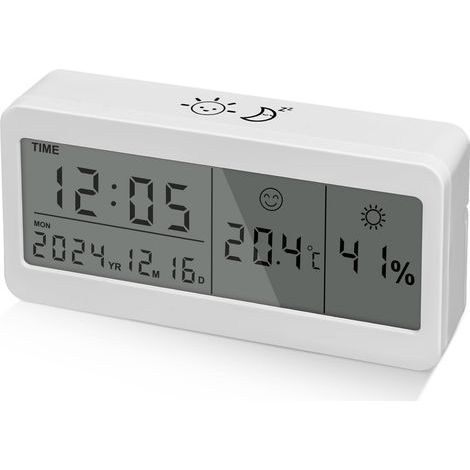 Lntyq Réveil Numérique, Reveil Matin a Piles avec Grand écran LCD, Reveil Digital pour Voyage Chambre Bureau, Horloge Numérique avec Date, Température, Humidité, Snooze, Rétroéclairage (Blanc) (1/5)