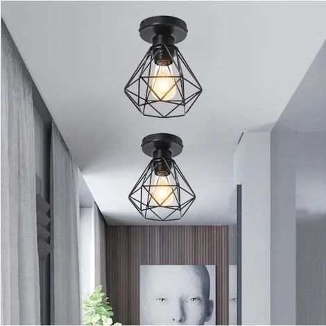Lot de 2 Plafonnier Vintage en Cage Noir Lampe Plafonnier Industrielle Style Edison pour Salon Chambre (1/4)