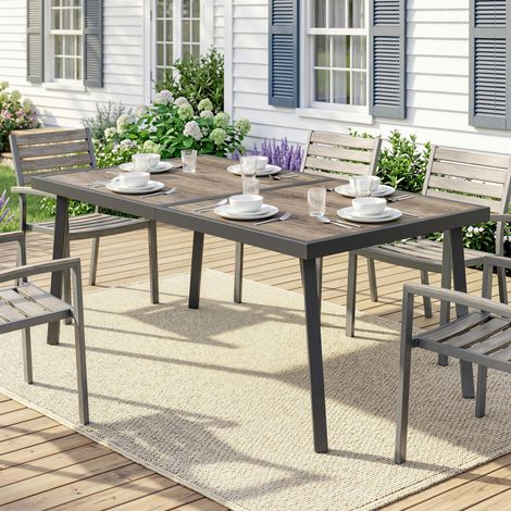 Table rectangulaire jardin 6 personnes, plateau effet bois, acier et PSPC, 145x85x72 cm, gris (1/5)