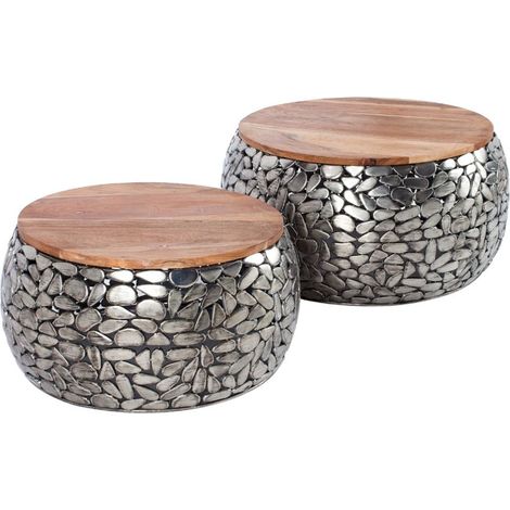 Tables basses gigognes GALEA en bois massif de manguier et aluminium argenté – Motif galets décoratif