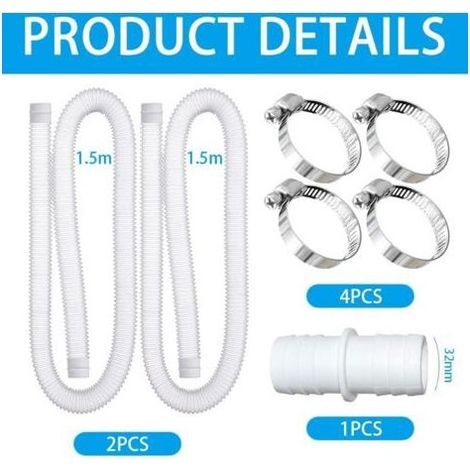 Lot de 2 tuyaux de piscine 32 mm pour pompes de piscine, 32 mm, avec 4 clips de sécurité et 1 raccord de tuyau, tuyau de piscine de 150 cm et 32 mm, pour pompe de filtration et piscine (blanc) (1/5)