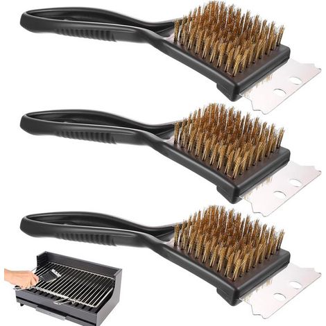 Juego de 3 cepillos para parrilla de barbacoa con raspador de acero inoxidable: limpieza potente para hierro fundido y acero inoxidable. (1/5)