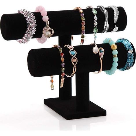 Soporte para pulseras, soporte en forma de T de 2 niveles, soporte sencillo de terciopelo negro para sujetadores y collares, torre de joyería (1/3)
