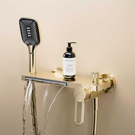 Robinet de douche mural effet cascade - avec mitigeur eau chaude/eau froide - compatible avec les baignoires (or brossé)