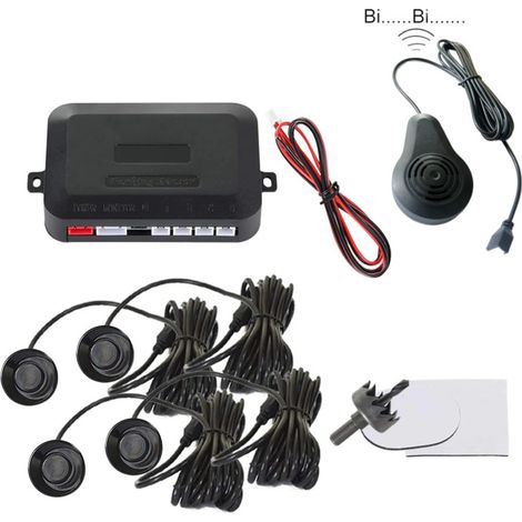 Radar de recul avec 4 capteurs pour stationnement en marche arrière, buzzer noir émettant un son « bip‑bip‑bip », 12 V