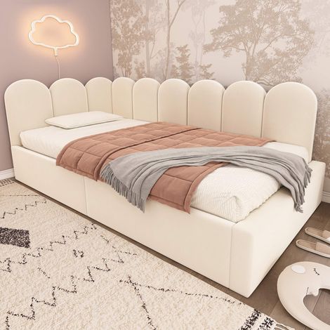 Lit banquette coffre 90x190 cm beige en velours, rangement hydraulique, dossier en L modulable, sommier à lattes en métal inclus, sans matelas (1/5)