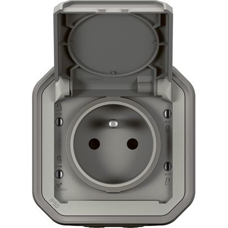 - Prise Etanche IP55 avec Terre Plexo - Prise 2P+T 16A Complète avec Volet - Pour Pose en Apparent - Gris
