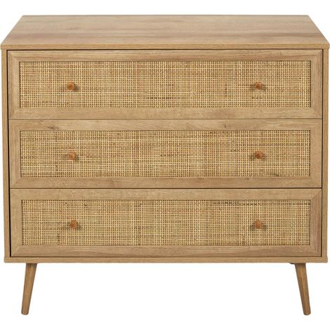 Altobuy – Commode enfant 3 tiroirs effet bois – Façades en rotin – Dimensions 90 x 39 x H79cm – Piétement en eucalyptus (1/5)
