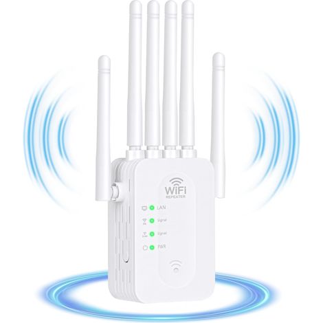 WLAN-Repeater, WLAN-Extender der neuesten Technologie mit 6 Antennen, die eine Fläche von 1200 m² abdecken, 2 LAN-Anschlüsse, Repeater-/Router-/AP-Modus für Zuhause und Büro, mit All Internet Box (Wei