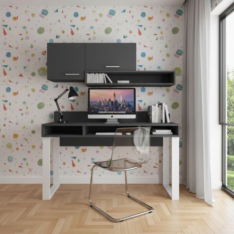 Scrivania con pensili design moderno e libreria sospesa - Angolo studio completo - Basalto