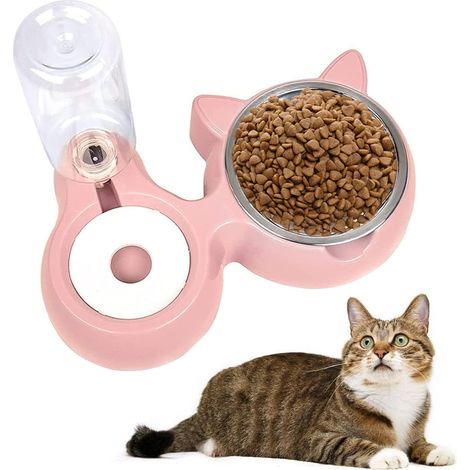 Gamelle pour Chat et Chien,Automatique 2 en 1 pour Animaux Domestiques Bol,Distributeur d’Eau Silencieux avec la Bouteille,Bol INOX,Anti-déversant et Anti-débordement Double Bol (1/5)