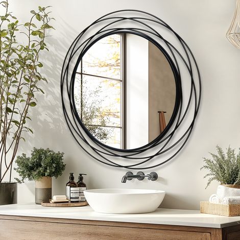 Round Mirror Black Metal Frame Mirror with Orbital Design Hanging Mirrors Decorative (1/5)