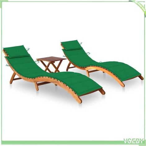 Lot de 2 chaises longues avec table - Acacia - Bois d'acacia massif - Coussins verts - Pliantes, intérieur/extérieur (1/5)