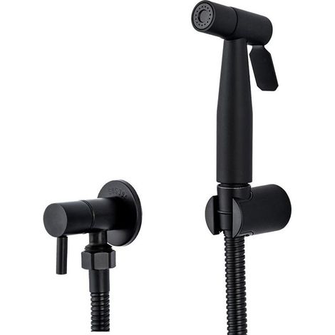 Grifo de inodoro con pulverizador de bidé portátil negro de acero inoxidable con válvula Shattaf para baño frío (1/5)
