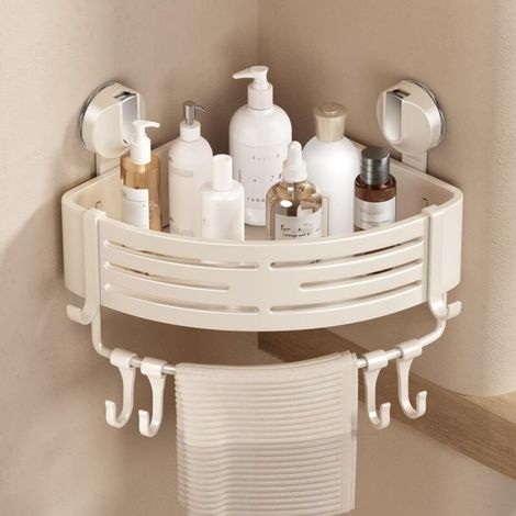 Coin Douche Caddy Ventouse Étagère de douche Coin sans perçage Salle Support de rangement Adhésif avec porte-serviettes (paquet de 1, ivoire) (1/4)
