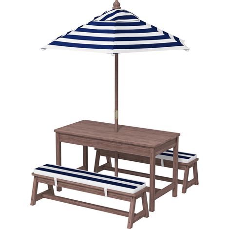 Ensemble salon de jardin enfant avec coussins et parasol amovible, rayé bleu marine et blanc (1/5)