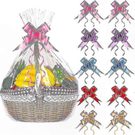 Sachets cellophane transparents avec nœuds tirettes pour paniers cadeaux, lot de 10, solution d'emballage claire et pratique. (1/4)