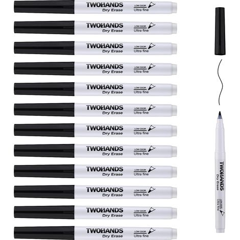 Feutres Tableau Blanc Effaçables, Marqueurs pointe ultra fine 0,7 mm, Lot de 12, faible odeur, Noir, 20574 (1/5)
