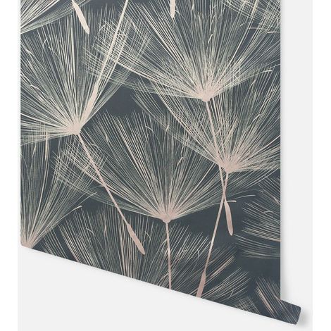 Arthouse Harmony Charcoal Metallic Rose Gold Dandelion Flower Wallpaper