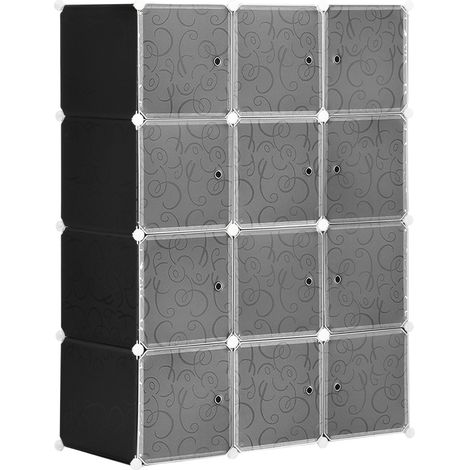 Armoire modulable avec étagères cubes, porte-manteaux, plastique et métal, 111 x 47 x 145 cm, noir et blanc (1/5)