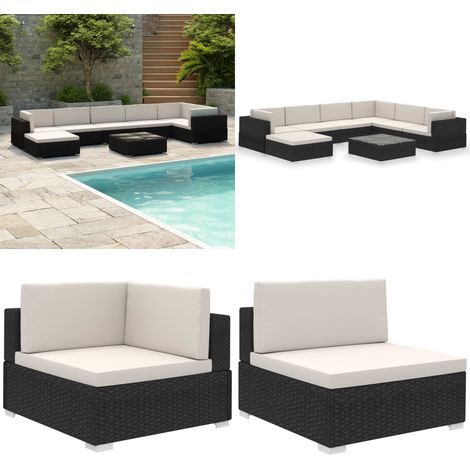 Salon de jardin 8 pcs avec coussins résine tressée noir - Salon de jardin - Canapé extérieur