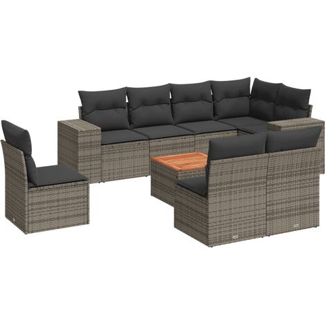 Salon de jardin 9 pcs avec coussins gris résine tressée (1/3)