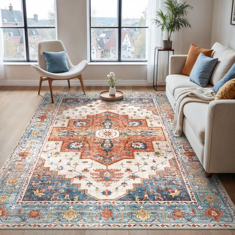 Tapis Salon Vintage 200x290cm Lavable en Machine Rug Grand AntidéRapant Poil Ras, pour Chambre Salle a Manger Descente de Lit Bureau, Cuisine, Orange (1/5)