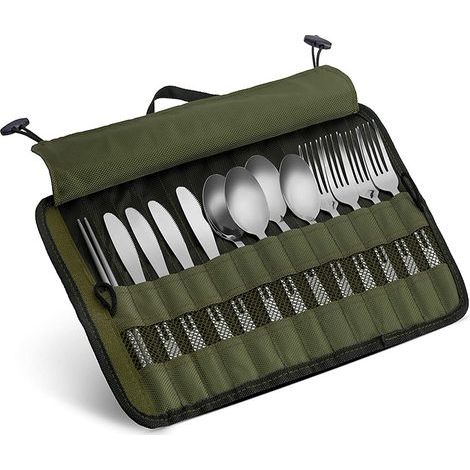 Ensemble de 13 couverts familiaux en acier inoxydable pour pique-nique, camping, randonnée et barbecue : fourchettes, cuillères, couteaux et baguettes. (1/5)