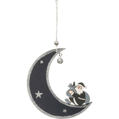 Paris Prix - Sujet De Noël Lune bois 12cm Gris Bleu