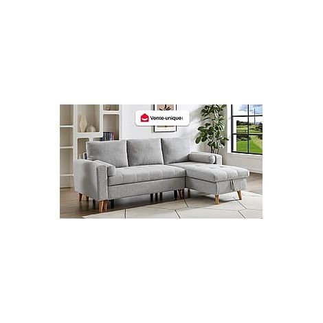 Vente-Unique – Canapé d'angle convertible réversible 4 places en tissu polyester gris clair – Coffre de rangement – Dimensions 225x146cm (1/4)