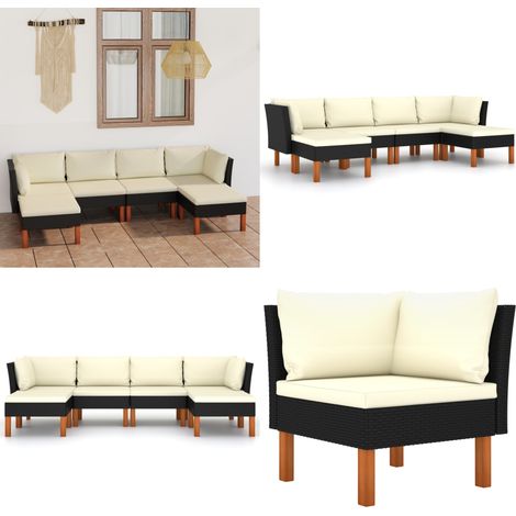 6-tlg. Garten-Lounge-Set mit Kissen Poly Rattan Schwarz - Gartensonnenliege - Gartenloungesessel - Outdoor Möbel - Gartenmöbel Set - Rattan Gartenmöbel - Home & Living