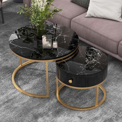 Table basse gigogne moderne motif marbre brillant ensemble de 2 tables basses rondes table d'appoint ronde emboîtable noir
