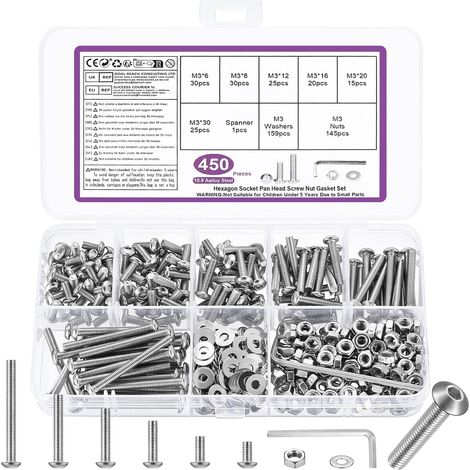 450 Pcs M3 Set di Vis et Écrous，Assortiment de Vis à Tête Creuse Hexagonale (1/5)