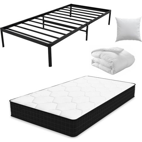 Iztoss – Ensemble sommier et matelas 90x190 cm – Lit en métal 1 place – Couette 140x200 cm et oreiller 60x60 cm – Capacité 150 kg
