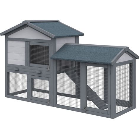 PawHut Clapier cage à lapins rongeurs 2 niveaux clapier lapin nain avec 3 portes verrouillables tiroir à déjection toit intégral bitumé 147L x 54l x 84H cm bois massif pin gris