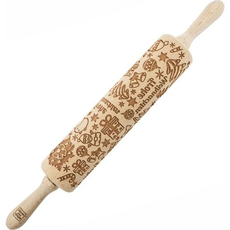Rouleau à pâtisserie en bois MoodForWood, gravé, 43 cm avec poignées, idéal pour la pâtisserie - Motif Joyeux Noël (1/5)