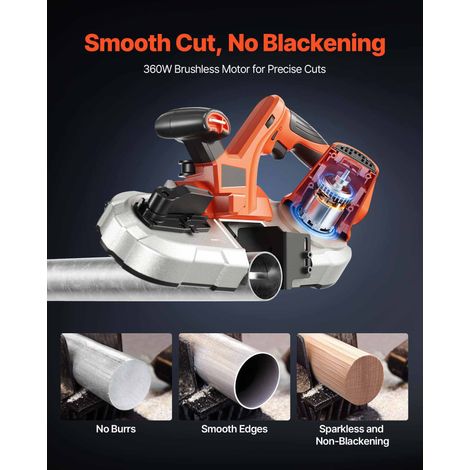 Scie à ruban portative sans fil 65 x 65 mm, 360 W, moteur brushless, vitesse variable 0-192 m/min, crochet intégré, pour métal et bois (outil seul) (1/5)