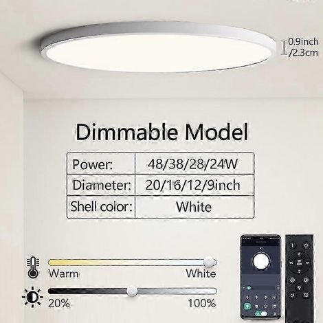 Plafonnier LED ultra-mince moderne de 50 cm (20 pouces) pour salon, luminosité réglable, panneau lumineux AC85-265V (24W blanc - intensité réglable) (1/5)