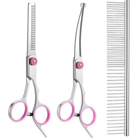 Lot de 3 ciseaux de coupe pour chiens, ciseaux de coupe pour chiens, ciseaux à poils incurvés, ciseaux de coupe pour chiens et chats, peigne à poils denses, brosse de toilettage (1/5)