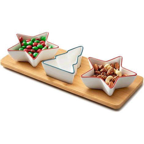 Juego de cuencos de porcelana para aperitivos con bandeja de bambú, 4 piezas