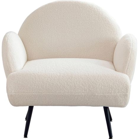 Fauteuil d'appoint moderne blanc en tissu bouclé, dossier arrondi, pieds en métal noir, dimensions 70,00 × 48,00 × 59,00 cm (1/2)