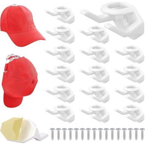 White Set of 16 Self-Adhesive Hat Hooks - Wall-Mounted Hat Holder for Baseball Caps - No-Drill Wall Mount for Bedroom Cap Hanger