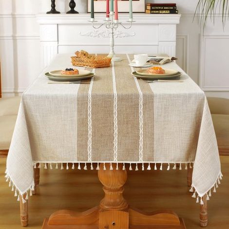 Mantel rústico de algodón y lino，manteles para mesas rectangulares，impermeable y lavable con borla，rectangular/oblongo，140 x 216 cm，6-8 sillas (1/5)