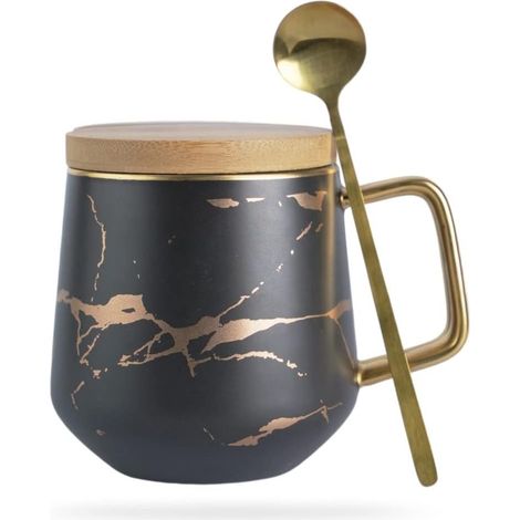 Mug en céramique style Kintsugi noir avec incrustations dorées Couvercle en bambou, cuillère, anse, 30 cl, unisexe, design unique, compatible lave-vaisselle Cadeau original idéal (1/5)
