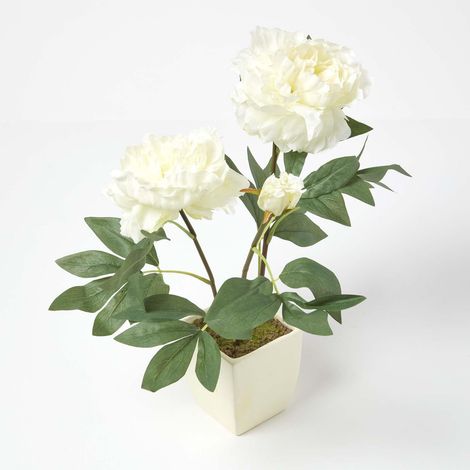 HOMESCAPES Kunstblumen Päonie in weißem Topf, Creme