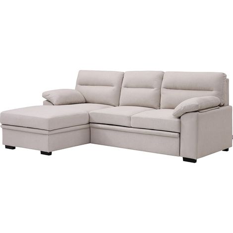 Divano letto angolare sinistro in tessuto beige con tavolino - ULENIO